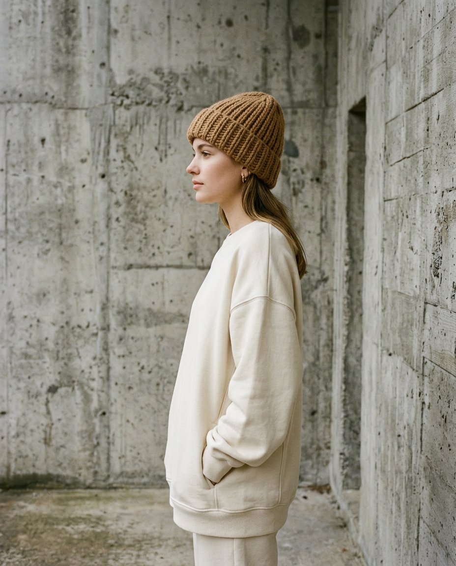 Retrato editorial con sudadera crema y gorro camel